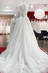 Long A-line V-neck Tulle Lace White Ruffles Wedding Dresses
