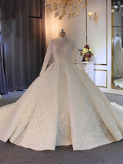Long Ball Gown High Neck Tulle Lace Wedding Dresses For Black girls with Sleeves