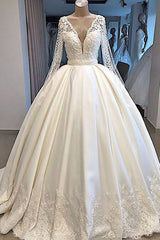 Long Ball Gown Satin V-neck Wedding Dress Outfits For Women with Sleeves