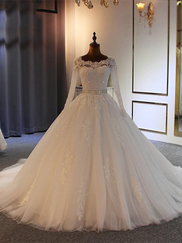 Long Ball Gown Sweetheart Tulle Lace Wedding Dresses For Black girls with Sleeves