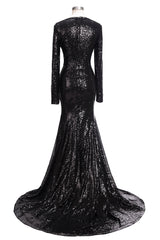 Long Mermaid V-Neck Black Sequins Prom Dresses For Black girls with Sleeves