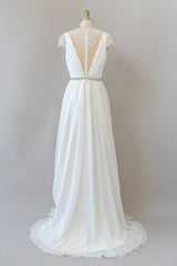 Long Sheath V-neck Lace Chiffon Wedding Dress Outfits For Women with Cap Sleeves