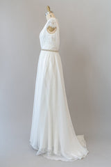 Long Sheath V-neck Lace Chiffon Wedding Dress Outfits For Women with Cap Sleeves