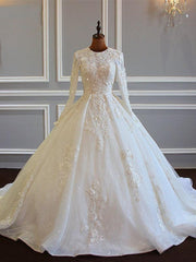Long Sleeved Ball Gown Satin Wedding Dresses For Black girls With Lace Flowers