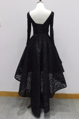 Long Sleeves Lace High Low Party Dress Outfits For Women , Beaded Black Evening Dress