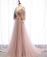Long Sleeves Pink Tulle Long Party Dress Outfits For Women with Lace, Pink Floor Length Prom Dress