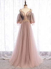 Long Sleeves Pink Tulle Long Party Dress Outfits For Women with Lace, Pink Floor Length Prom Dress