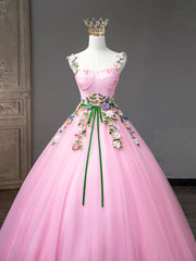 Pink Tulle Flower Long Prom Dresses, Lovely Spaghetti Formal Dresses Sweet 16 Dresses