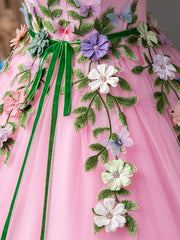 Pink Tulle Flower Long Prom Dresses, Lovely Spaghetti Formal Dresses Sweet 16 Dresses