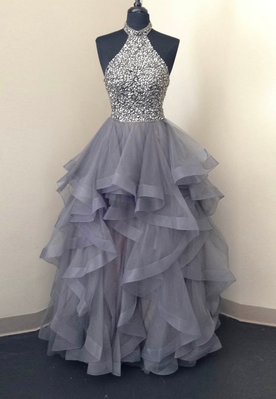 Grey Tulle Long Prom Dresses, A-Line Evening Dresses