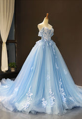 Blue Tulle Long A-Line Prom Dress, Off the Shoulder Evening Dress