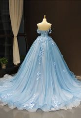 Blue Tulle Long A-Line Prom Dress, Off the Shoulder Evening Dress