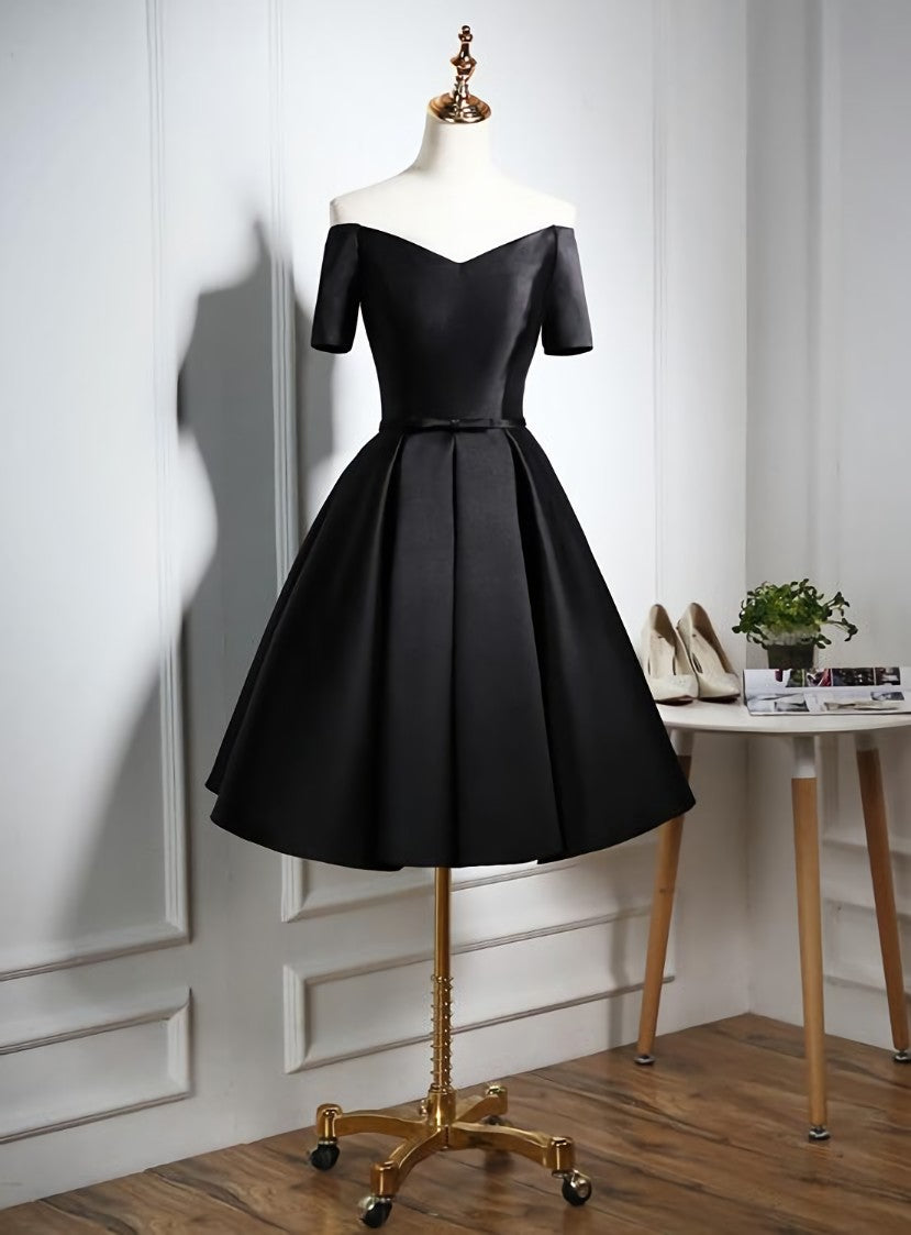 Lovely Black Satin Short Prom Dress Outfits For Girls, Black Party Dress