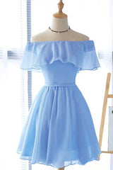 Lovely Blue Short Chiffon Off Shoulder Party Dress Outfits For Girls, A-line Prom Dress