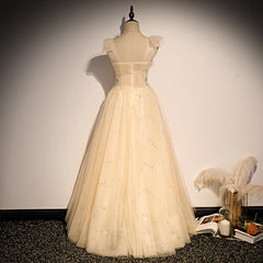 Lovely Champagne Sequins Long Party Dress Outfits For Girls, A-line Tulle Formal Dress