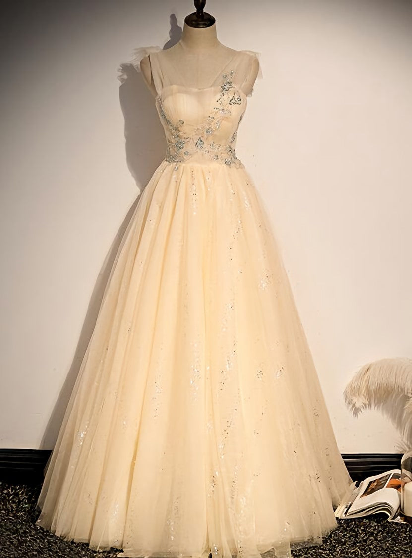 Lovely Champagne Sequins Long Party Dress Outfits For Girls, A-line Tulle Formal Dress