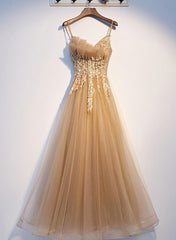 Lovely Champagne Tulle with Lace Long Formal Dress Outfits For Girls, Champagne Prom Dress