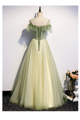 Lovely Flowers Off Shoulder Tulle Long Party Dress Outfits For Girls, A-line Tulle Light Green Prom Dress