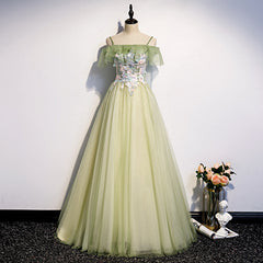 Lovely Flowers Off Shoulder Tulle Long Party Dress Outfits For Girls, A-line Tulle Light Green Prom Dress