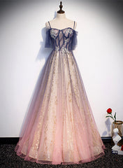 Lovely Gradient A-line Tulle with Lace Long Prom Dress Outfits For Girls, Long Formal Dress Outfits For Women Party Dress