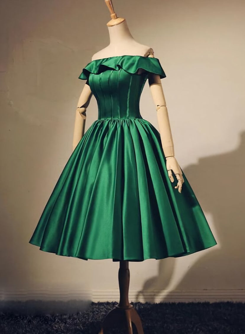 Lovely Green Satin Off Shoulder Knee Length Homecoming Dress Outfits For Girls, Short Prom Dress
