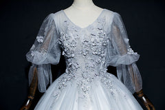 Lovely Grey Tulle Puffy Sleeves with Lace Long Formal Dress Outfits For Girls, Sweet 16 Dresses