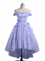 Lovely Lavender High Low Lace Party Dress Outfits For Girls, Cute Off Shoulder Prom Dress