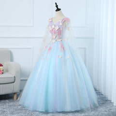 Lovely Light Blue Tulle PLong Formal Gown Party Dress Outfits For Girls, Blue Sweet 16 Dresses