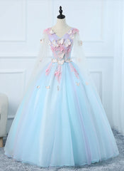 Lovely Light Blue Tulle PLong Formal Gown Party Dress Outfits For Girls, Blue Sweet 16 Dresses