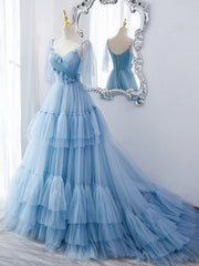 Lovely Light Blue Tulle with Straps Layers Long Formal Dresses For Black girls For Women, Blue Evening Gown Party Dresses