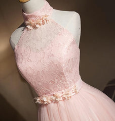 Lovely Pink Halter Tulle Flowers Short Prom Dress Outfits For Women Homecoming Dress Outfits For Girls, Pink Graduation Dresses For Black girls Party Dresses