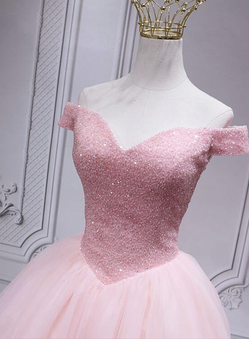 Lovely Pink Off Shoulder Style Princess Tulle Homecoming Dress Outfits For Girls, Pink Prom Dress Outfits For Women Party Dress