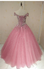 Lovely Pink Tulle Off Shoulder Sweet 16 Party Dress Outfits For Girls, Long Formal Gown