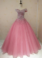 Lovely Pink Tulle Off Shoulder Sweet 16 Party Dress Outfits For Girls, Long Formal Gown