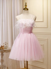 Lovely Pink Tulle Straps Knee Length Party Dresses For Black girls For Women, Pink Short Prom Dresses