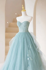 Lovely Sweetheart Neckline Tulle Long Prom Dress Outfits For Women with Lace, Strapless Evening Dress
