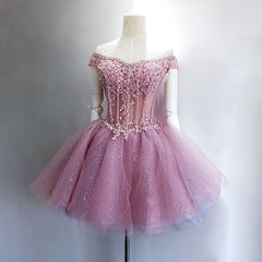 Lovely Tulle Light Pink-Purple Mini Party Dress Outfits For Girls, Lovely Off Shoulder Lace-up Homecoming Dress