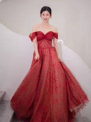 Lovely Wine Red Tulle Sweetheart Long Formal Dress Outfits For Girls, Off Shoulder Wine Red Prom Dress