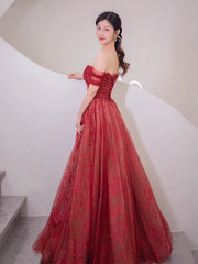 Lovely Wine Red Tulle Sweetheart Long Formal Dress Outfits For Girls, Off Shoulder Wine Red Prom Dress