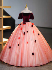 Burgundy Velvet Tulle Long Formal Dress, Off the Shoulder Sweet Flower Party Dress