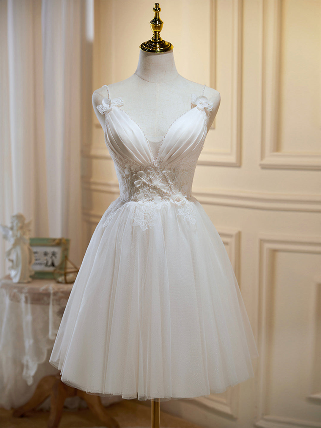 Ivory V-Neck Lace Straps Party Dress, Ivory Knee Length Prom Dress