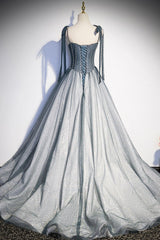 Gray Spaghetti Straps Long A-Line Prom Dress, Gray Evening Dress with Beaded