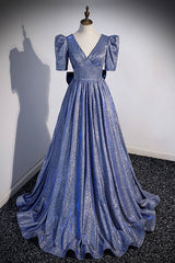 Blue Long A-Line Prom Dress, Simple V-Neck Short Sleeve Evening Dress