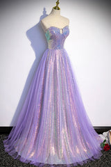 Purple Strapless Sequins Floor Length Prom Dress, A-Line Formal Dress