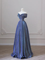 Shiny Off the Shoulder Floor Length Blue A-Line Prom Dress
