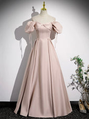 Pink Satin A-Line Floor Length Prom Dress, Off Shoulder Short Sleeve Evening Dress