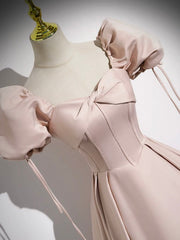 Pink Satin A-Line Floor Length Prom Dress, Off Shoulder Short Sleeve Evening Dress