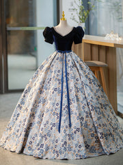 Blue V-Neck Short Sleeve Ball Gown, Blue A-Line Velvet Floor Length Evening Dress