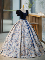 Blue V-Neck Short Sleeve Ball Gown, Blue A-Line Velvet Floor Length Evening Dress
