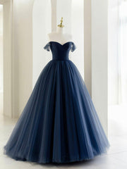Off the Shoulder Tulle Long Prom Dress, A-Line Blue Formal Evening Dress